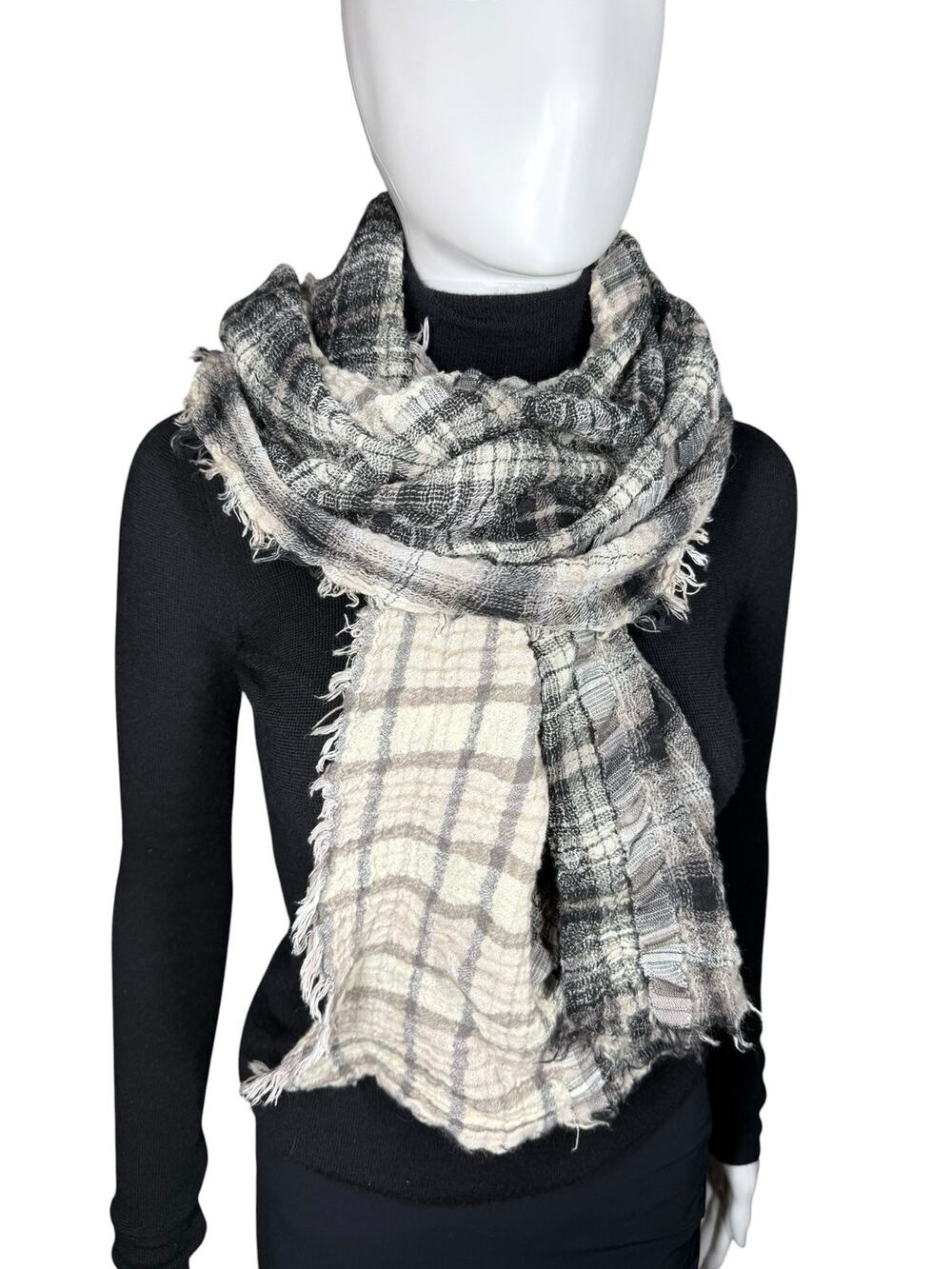 Black White Gray Mixed Pattern Plaid Fringe Scarf